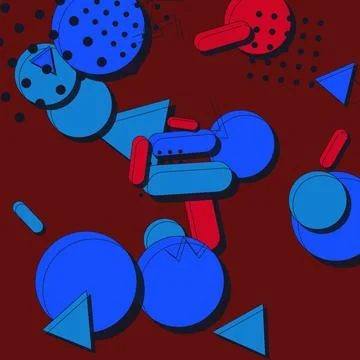 Abstract Memphis Style Background with Geometric Blue and Red Shapes on Dar.. 스톡 일러스트