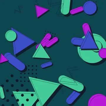 Abstract Memphis Style Background with Geometric Shapes, Triangles and Circ.. Illustrazione stock