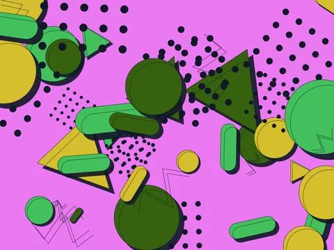 Abstract Memphis Style Background with Vibrant Pink Color and Green Geometr.. Illustrazione stock