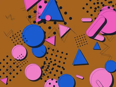 Abstract Memphis style background with vibrant blue and pink geometric shap.. Illustrazione stock