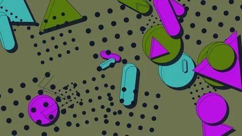 Abstract Memphis Style Geometric Background with Colorful 3D Shapes, Dots, .. Stock Illustration