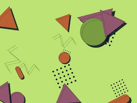 Abstract Memphis Style Geometric Background with Colorful Triangles Circles.. Illustrazione stock