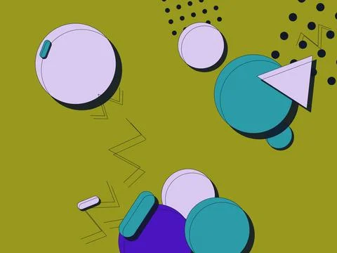 Abstract Memphis Style Geometric Background with Colorful Spheres and Trian.. Illustrazione stock