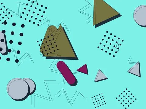Abstract Memphis Style Geometric Background with Colorful Triangles Circles.. Illustrazione stock
