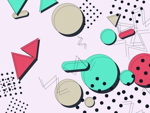 Abstract Memphis Style Geometric Background with Colorful Shapes and Polka .. 스톡 일러스트