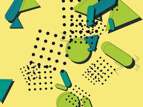 Abstract Memphis Style Geometric Background with Green Shapes and Patterns .. Illustrazione stock