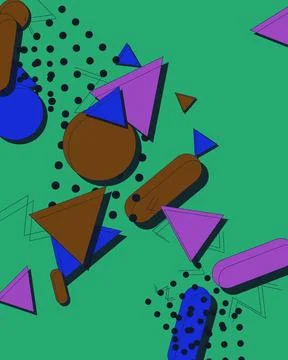 Abstract Memphis Style Geometric Background with Colorful Shapes on Green B.. Stock Illustration