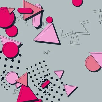 Abstract Memphis Style Geometric Background with Pink Shapes and Grey Backdro 스톡 일러스트