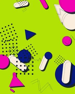 Abstract Memphis Style Geometric Pattern with Colorful Shapes on Vibrant Li.. Stock Illustration
