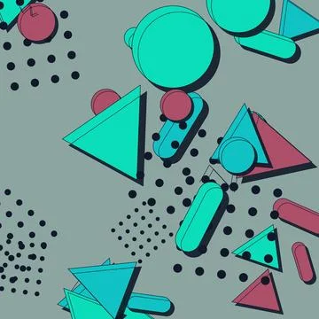 Abstract Memphis style geometric pattern featuring teal and pink shapes on .. Stock Illustration