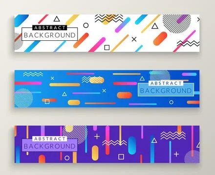 Abstract memphis style retro horizontal banners with multicolored simple ge.. Stock Illustration