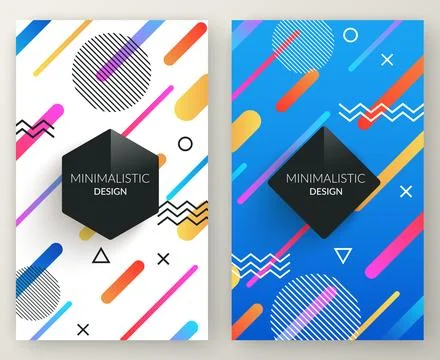 Abstract memphis style retro vertical banners with multicolored simple geom.. Stock Illustration