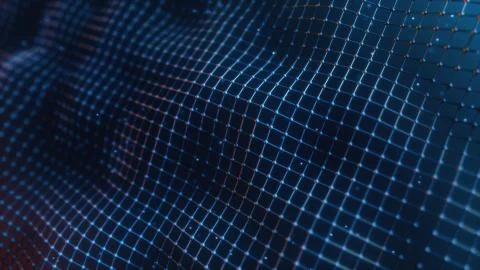 Abstract mesh with wave motion and depth of field. Connected data nodes. Arti Illustrazione stock