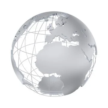 Abstract metallic 3D model of Earth globe with wireframe meridians on white.. 스톡 일러스트