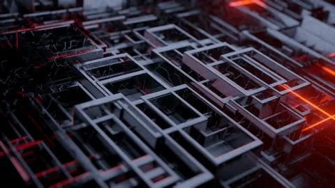 Abstract metallic block shapes with glowing red neon light Stock Footage 197189863