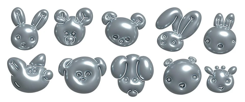 Abstract metallic bubbles in shape of animals muzzles on a transparent Illustrazione stock