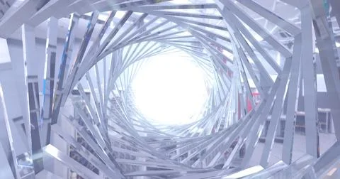 Abstract metallic shiny silver chrome polyhedral tunnel frame made of lines o Stock Illustration
