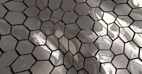 Abstract metallic silver chrome shiny cells hexagons with waves background Stock Illustration
