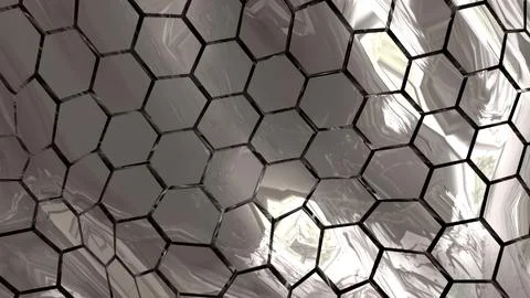Abstract metallic silver chrome shiny cells hexagons with waves background Stock Illustration