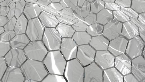 Abstract metallic silver chrome shiny cells hexagons with waves background Illustrazione stock