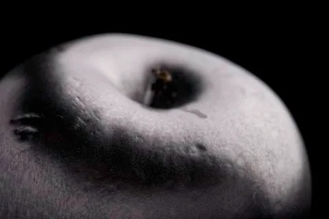Abstract metallic silver colored apple closeup on a black background Stock Photos