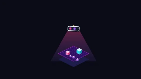 Abstract Metaverse Concept With Robot Eye Scanning Digital Cubes On Grid Stock Footage 340745771