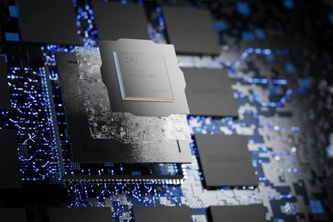 Abstract microchip. Memory chips and central processor on an electronic boa.. Stock Illustration