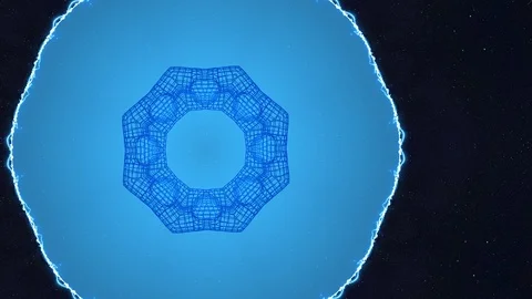 Abstract microorganisms in blue gradient with gridded nucleus floating in outer Stock Footage 123863370