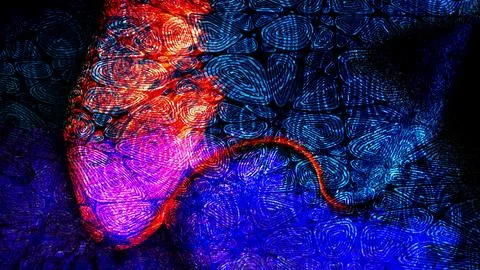 Abstract microscopic cell structure with vibrant neon red, magenta, and blue Stock Illustration