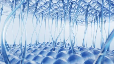 Abstract microscopic view of blue microscopic fibers connecting to a surfac.. 库存影片 327109791
