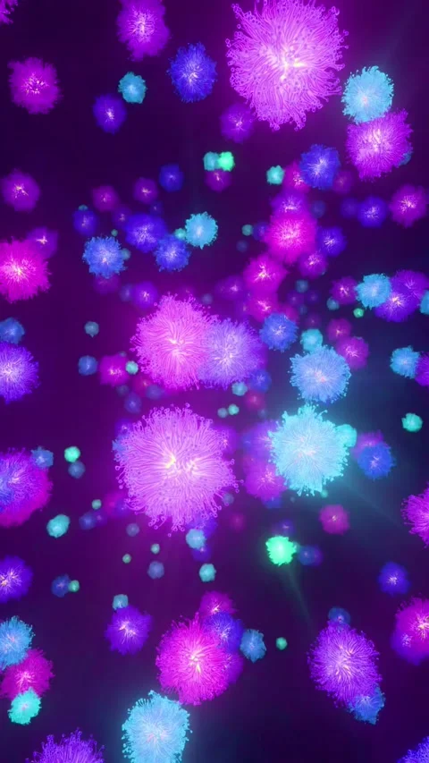 Abstract Microscopic Virus Cells Fluorescent Pink Purple Blue Glowing Particles 스톡 동영상 348564996
