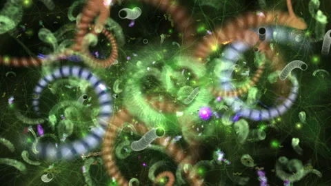 Abstract Microscopic Worms and Microorganisms Swirling in Neon Bio Science BG Stock Footage 332242482