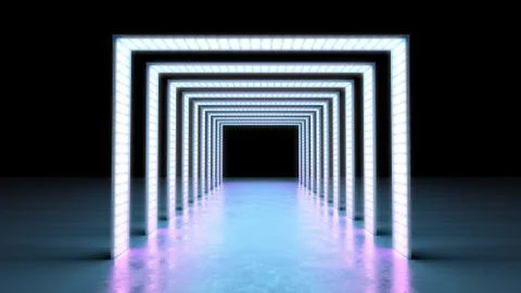 Abstract minimal background glowing lines tunnel  neon lights 3d render Stock Illustration