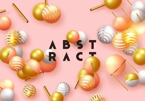 Abstract minimal background. Objects 3d shape gold and silver ball, volumetri Stock Illustration