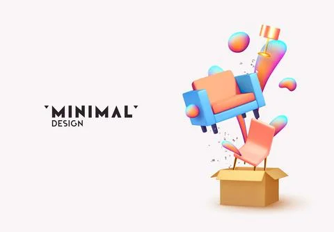 Abstract minimal design with realistic 3d objects. Open cardboard box with .. Stock Illustration