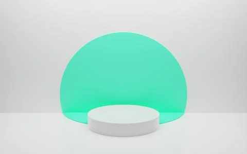 Abstract minimal empty podium with circle details on the wall. Empty room con Stock Illustration