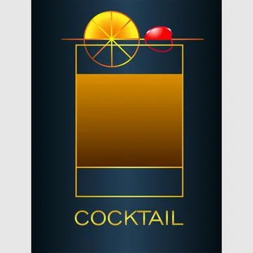 Abstract minimal logo of a cocktail with lemon and cherry on a dark background Stock Illustration