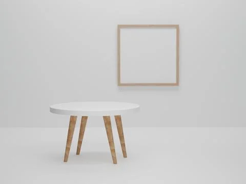 Abstract minimal scene with geometric forms. round table with photo frame bac Stock-Illustration