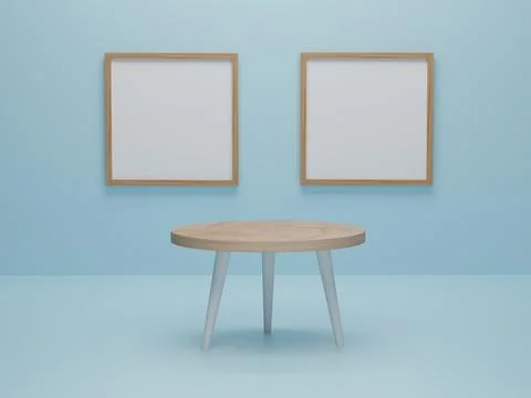 Abstract minimal scene with geometric forms. round wood table with photo fram Stock Illustration