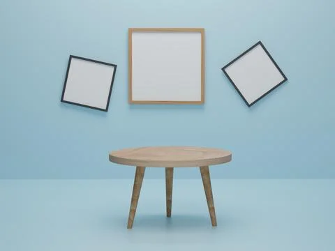 Abstract minimal scene with geometric forms. round wood table with photo fram 스톡 사진
