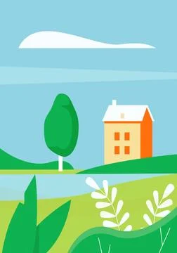 Abstract minimal summer or spring landscape with farm house and river, green Ilustración de archivo
