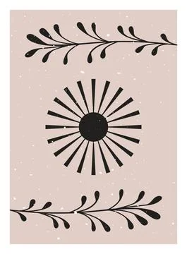 Abstract minimalist boho poster. Mid century sun floral neutral wall art print Stock Illustration