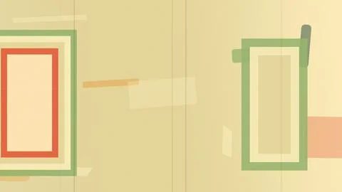 Abstract minimalist poster frames in beige, green and red float on a soft g.. Illustrazione stock