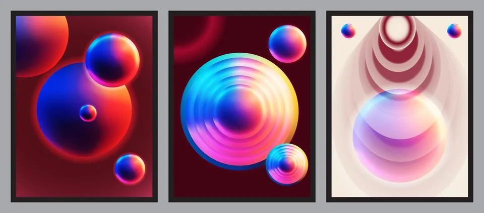 Abstract minimalist posters with vibrant gradient spheres and circular patter Stock Illustration