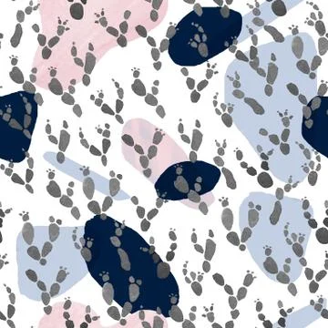 Abstract minimalist seamless pattern. Pastel rose, blue and black stains with Stock Illustration