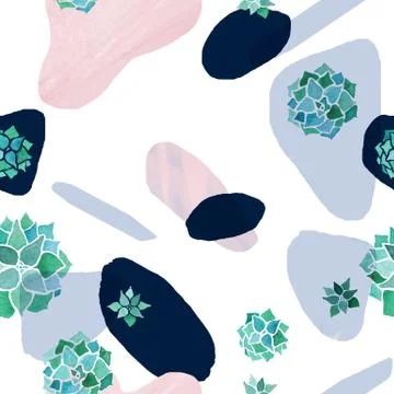 Abstract minimalist seamless pattern. Pastel rose, blue and black stains with Stock Illustration