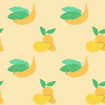 Abstract minimalist Tropical pattern with mango fruits and bananas with leaves Stock Illustration