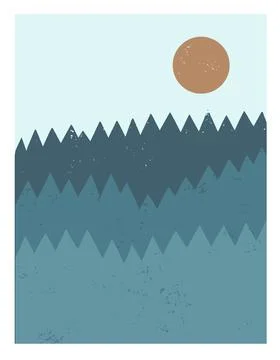 Abstract minimalistic poster with mountain forest and big red sun. Stock Illustration