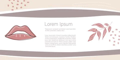 Abstract minimalistic Vector one line Template. lips, leaves and flower in tr Stock Illustration