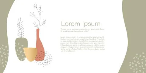 Abstract minimalistic Vector, vases with branches banner. line art drawing wi Stock Illustration